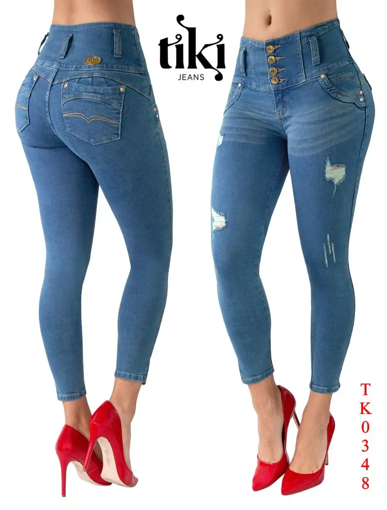 Tiki Jeans Women's Streetwear Skinny High-Waisted Distressed Medium Blue Grunge Pants - Style TK348, High-Stretch Butt-Lifting Denim Bottoms, Skinny High-Waisted Pants