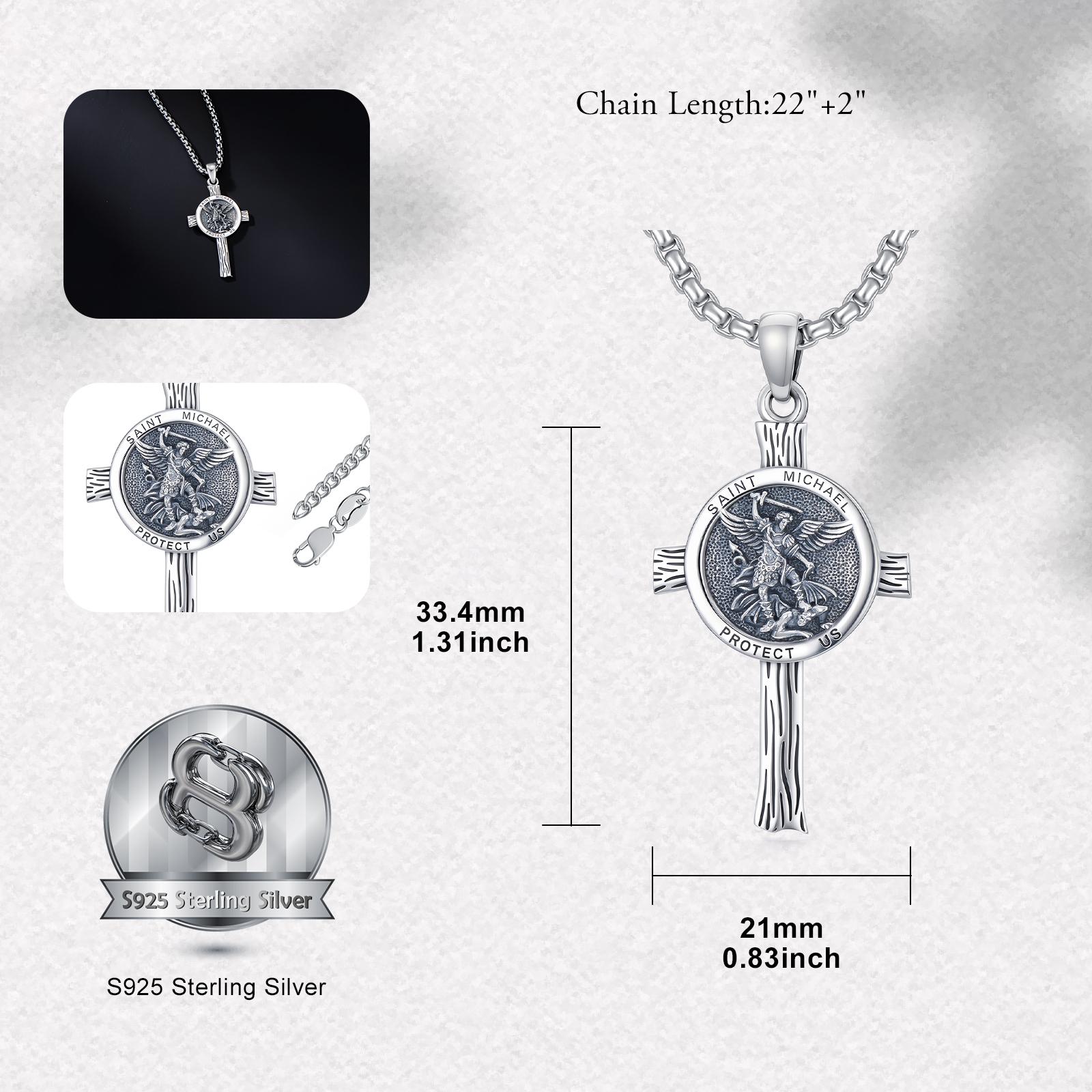 MEIDERBO Dream Chaser Saint Michael Cross Necklace for Men 925 Sterling Silver Oxidized Finish Archangel Protector Pendant Captain Steel Style Stainless Steel Bead Chain 22+2 Inch