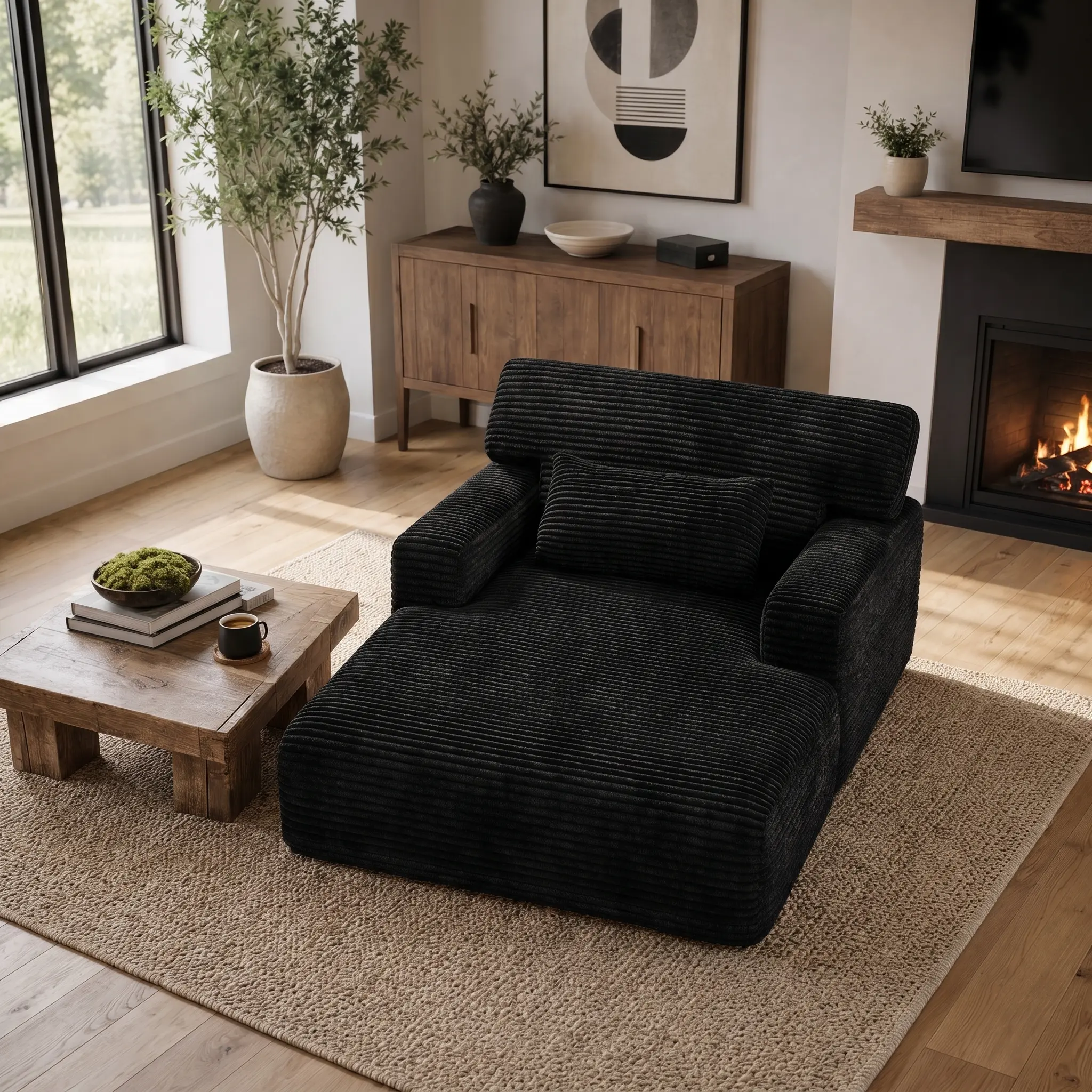 Oversized Corduroy Chaise Lounge Chair with Deep Seat, Ergonomic Backrest and Wide Armrests, No Assembly Required, Modern Lounge Chair for Living Room, Bedroom and Reading Corner