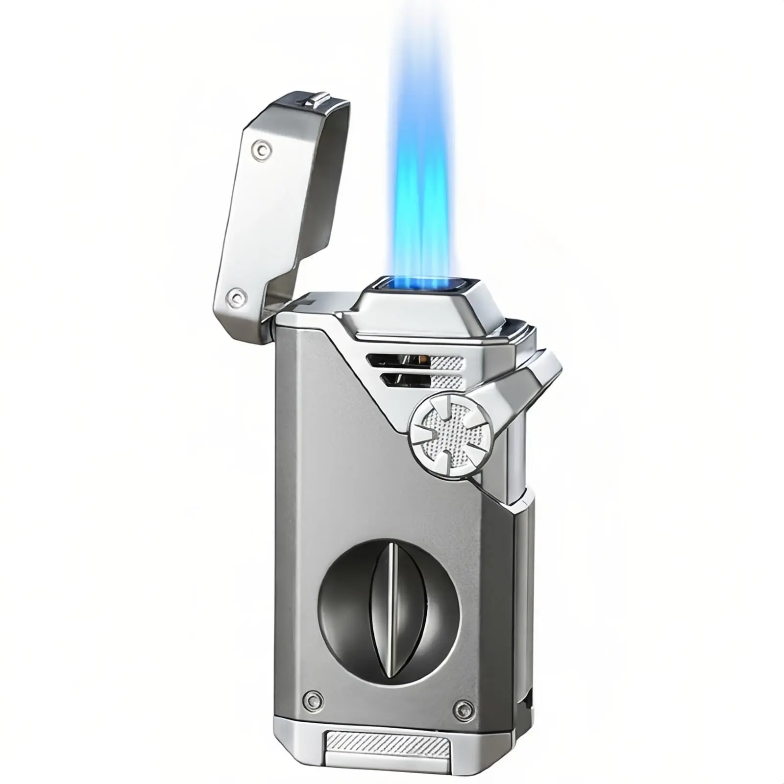 5-in-1 Torch Lighter, Windproof 4 Jet Blue Flames, Adjustable and Refillable Butane Lighters, Gifts for Men (Fuel Not Included) (Grey)