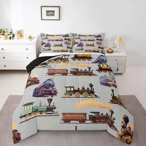 Steam Train Comforter Sets for Kids Boys Teens Adults,Cute Vehicle Bedding Set,Railway Truck Bed Set,Vintage Down Comforter