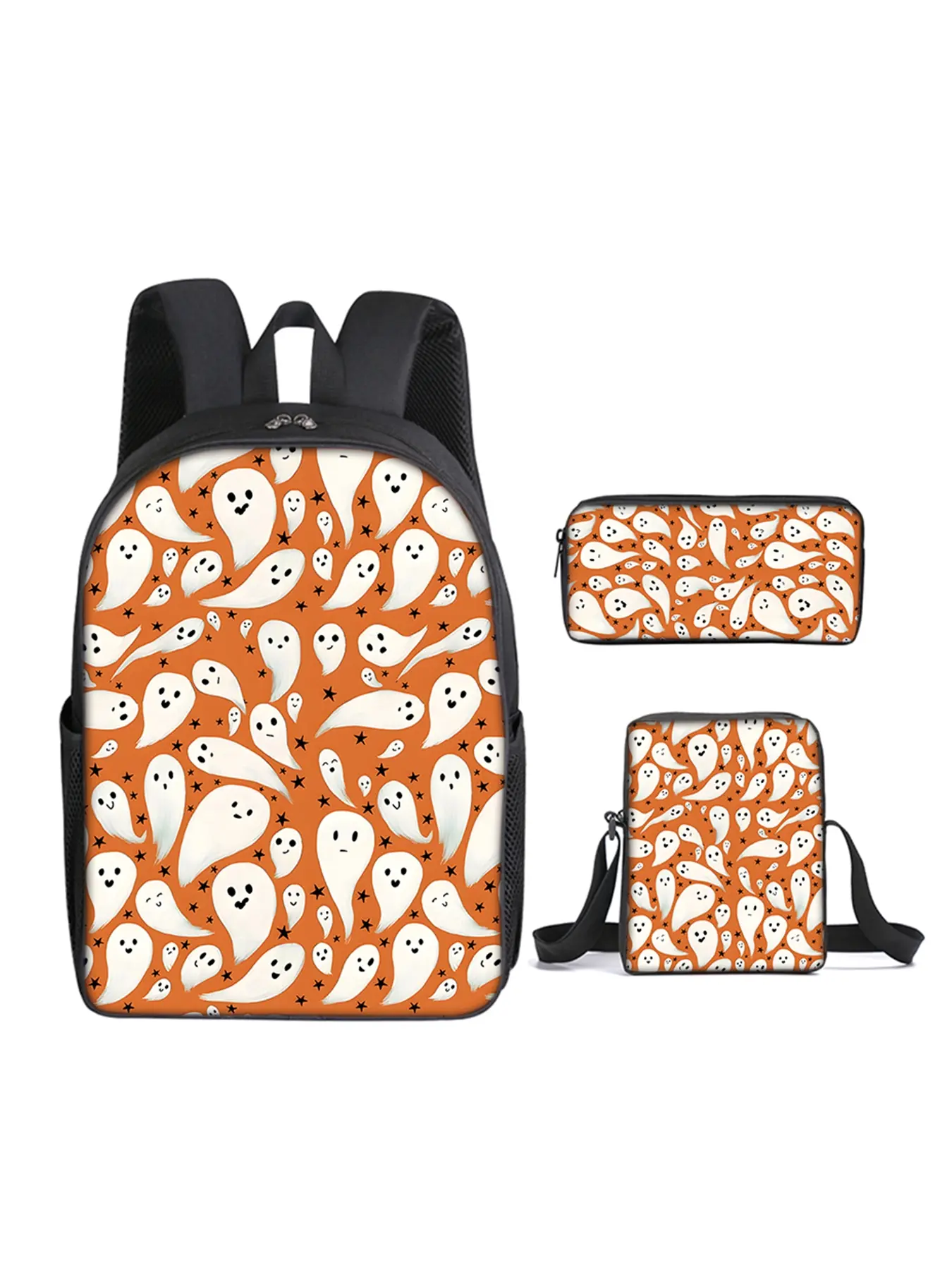 Ghost pattern printed 16-inch backpack three-piece set (single-layer backpack + small satchel + single-layer pencil case)