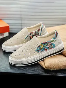 Men's Summer Breathable Perforated Walking Shoes, Ethnic Geometric Print, Straw Thick Sole, Slip-On Design, Casual All-Season Footwear