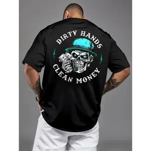 180gRetro American Gothic Skull Graphic Oversized T Shirt Men, Front Back Print Dirty Hands Clean Money Slogan Tee, Casual Streetwear for Workers, Summer Daily Wear#springsaledeals2026#summeroutfits#tiktokshopmademebuyit#workwear