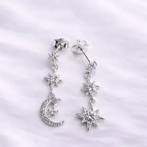 925 silver moon and star dangling earrings with cubic zirconia