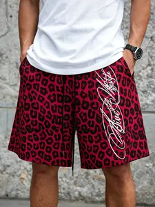Men's Fashion Summer American Street Style Leopard Print Gym Shorts, Elastic Waist with Drawstring, Pockets, Casual and Versatile