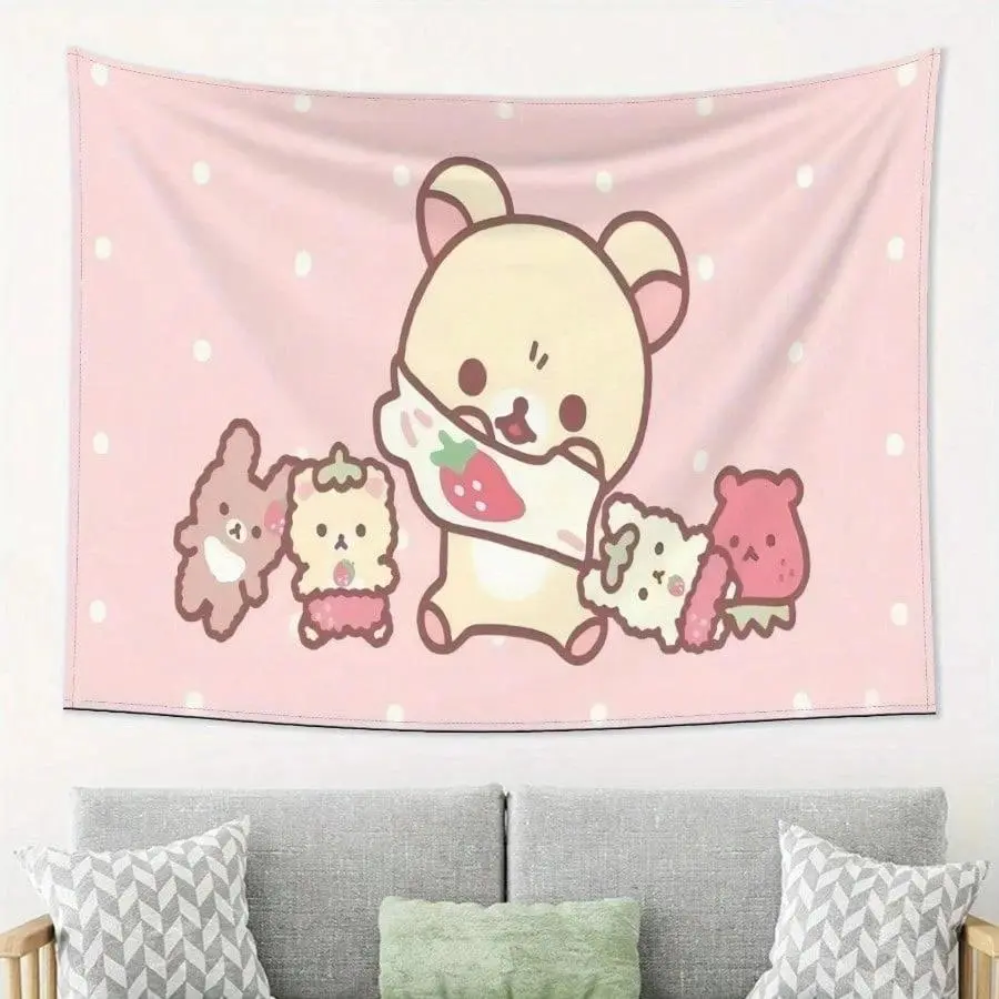 Kawaii Strawberry Bear Polyester 2D Print Tapestry - Lightweight Pink Polka Dot Animal Print Wall Art, Baby Shower/Engagement Backdrop, Cute Home Decor Gift for Bedroom, Party Decor