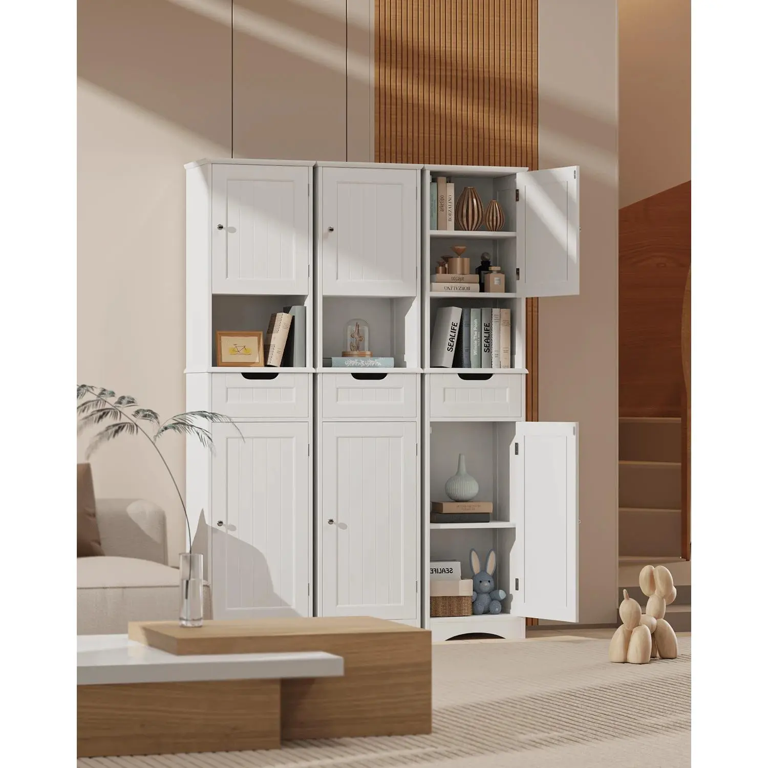 67" Tall Vertical Classic Bathroom Storage Cabinet, Single Unit White MDF Cupboard with Adjustable Shelves, Drawers, Anti-Tip Device, Requires Assembly for Small Space Bathroom, Living Room Decor