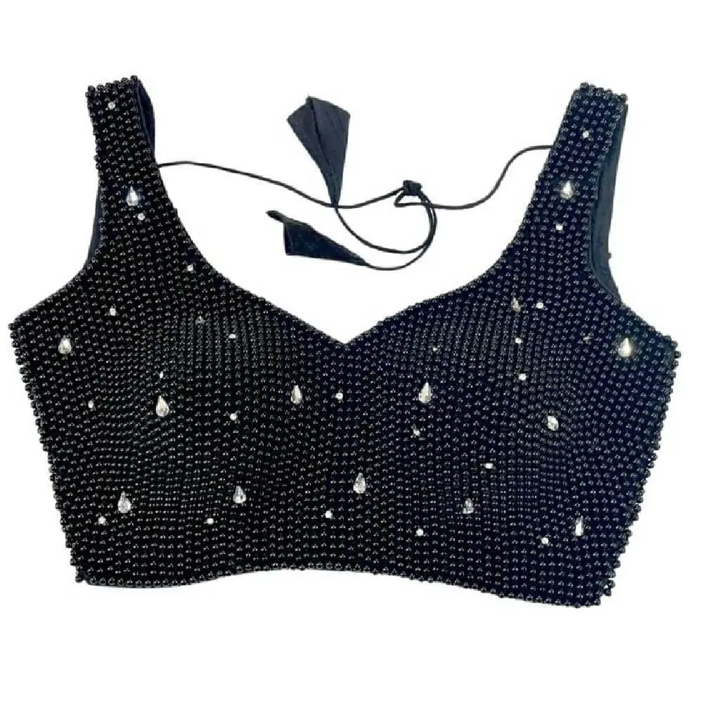 Black beads handmade saree blouse