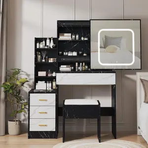 Makeup Vanity Set with Sliding Mirror & Light, 4 Drawers, Stool, Power Outlet, Adjustable 3-Color Lighting, Marble Black & White Finish, girl