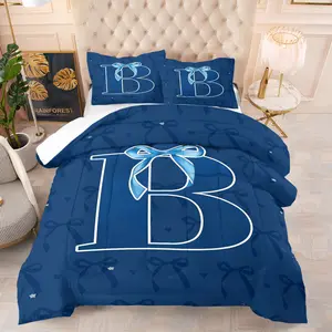Letter Abcdefg Blue Bow Pattern Comforter Set, Soft And Durable Bedding Set, Including 1 Comforter And 1 Or 2 Pillowcases, Suitable For Children And Adults For Daily Holiday, Birthday Gifts, Bedroom Decorations, Bedding Supplies