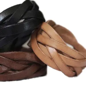 Braided Full Grain Leather Bracelet 5-Strand Wide Cuff for Women's Fashion Accessories in Black Brown & Natural with Nickel Snap Closure