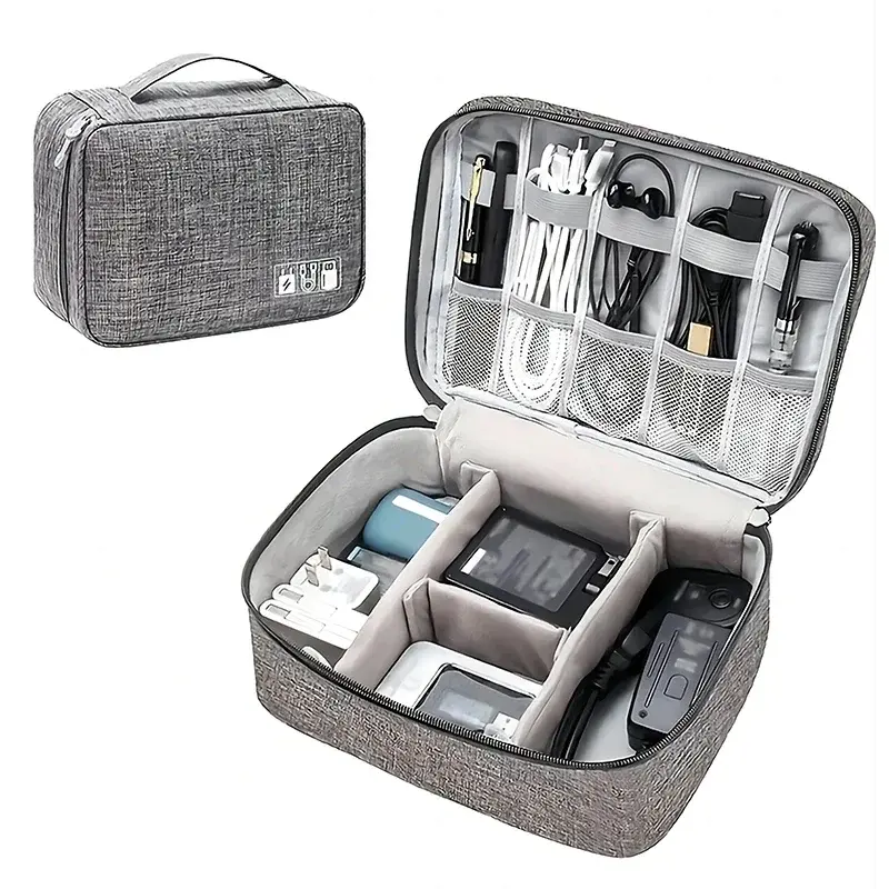 Large Waterproof Fabric Cable Bag - 23.5*18*9.5cm Practical Zipper Home/Travel Organizer for Electronics Accessories, Tablet, Hard Disk, Cards, Card Storage