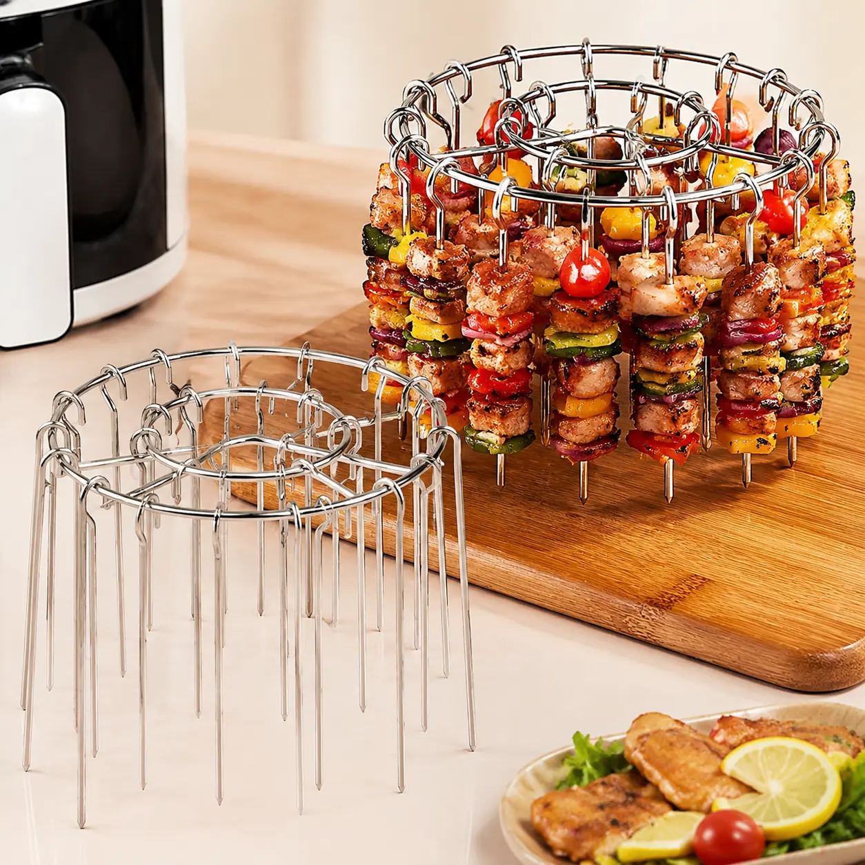 2 Counts Air Fryer Skewer Rack, Round Grill with Stainless Steel, Flat Edges