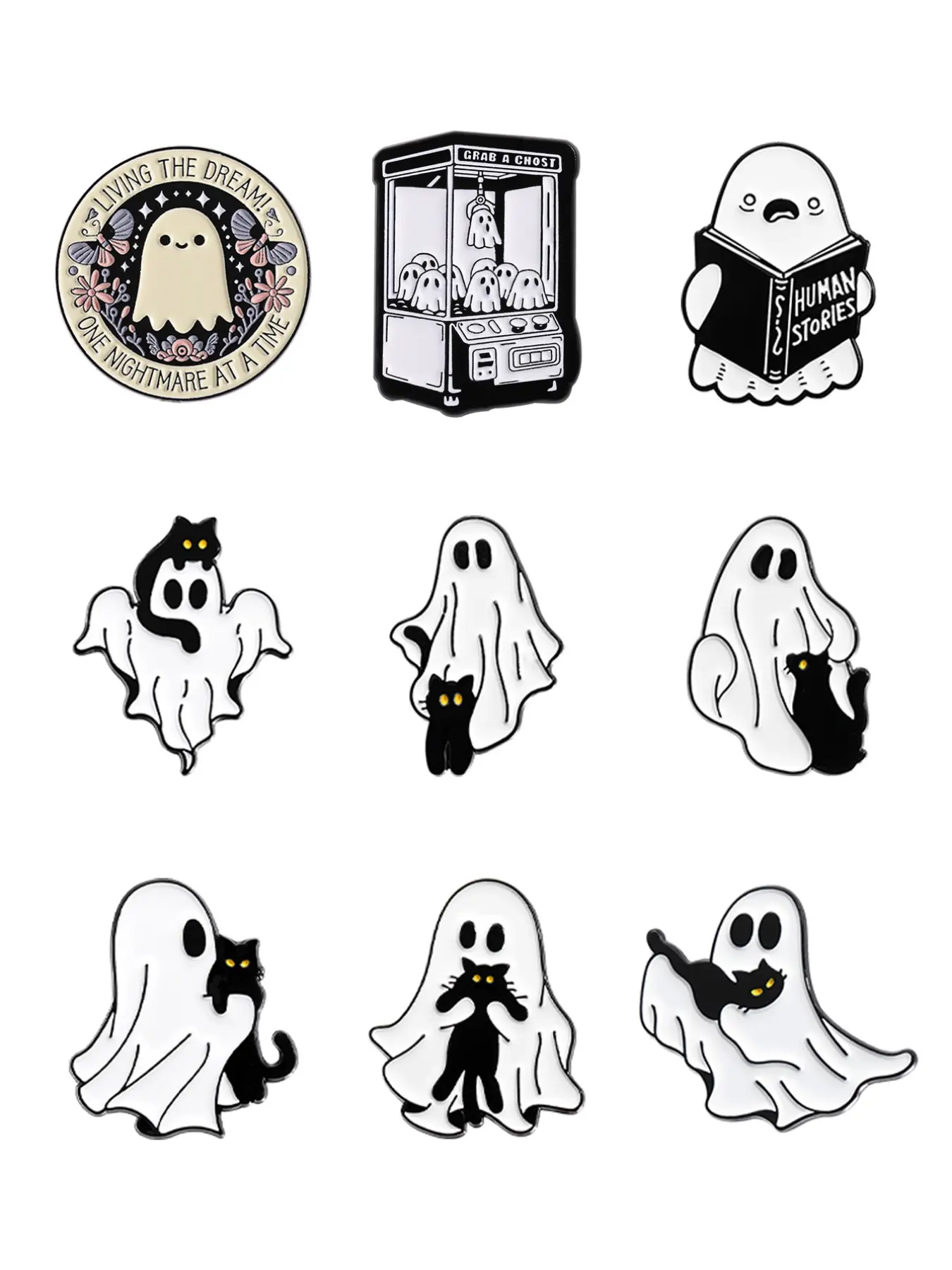 9-Piece Ghost Theme Badge Set, Cute Dark Style Halloween Accessories, Backpack Pin Decoration Kit, Alloy Brooch Pin, Lapel Pins, Collectible Pins, Perfect Gift for Horror Fans, Fashion Accessory, Shaped Badges