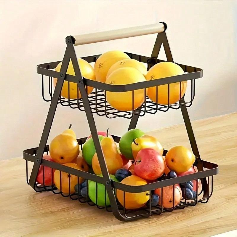 TAIMASI [1pc Metal Storage Basket] 1pc Elegant Black Metal Wire Multi-Tier Detachable Bathroom & Kitchen Storage Basket | Wooden Handle, Food-Safe Countertop Basket For Fruits, Bread, Home Organization, Bathroom Basket Organizer, Durable Construction