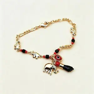 Evil Eye Elephant Charm Bracelet, 14K Gold Plated Adjustable Anklet/Bracelet, Hypoallergenic Bohemian Jewelry, Meaningful Protection Gift for Graduation, Memorial Day & Summer Outdoor Activities