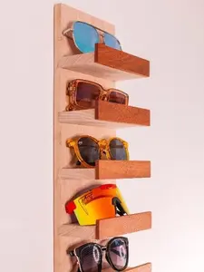 Wall-Mounted Sunglass Rack: Beech & Mahogany Glasses Display with Accessory Hooks