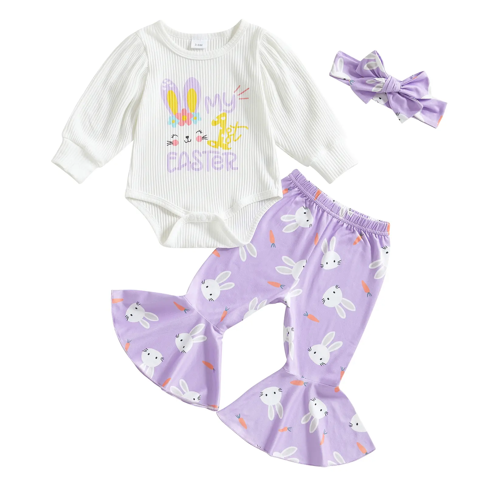Canrulo Newborn Baby Girl Easter Outfit My 1st Easter Knitted Romper Bodysuit T-Shirt Tops Bell Bottom Pants Clothes Set