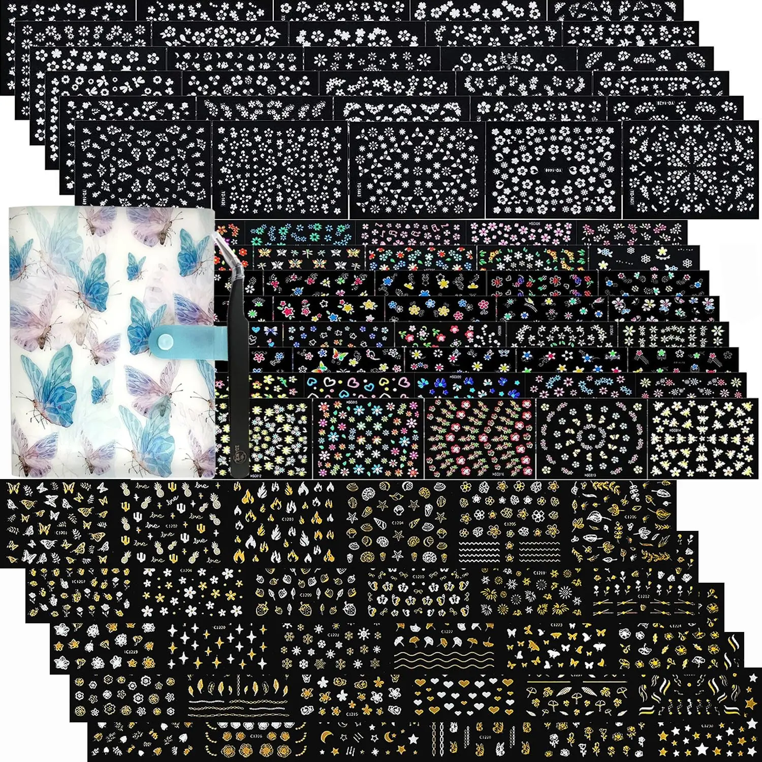 102 Sheets Nail Art Stickers & Storage Book 5200 Pieces 3D Self-Adhesive White Floral Nail Stickers with Rhinestones Multicolor Laser Gold Decals for Women DIY Manicure Decorations