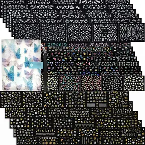 102 Sheets Nail Art Stickers & Storage Book 5200 Pieces 3D Self-Adhesive White Floral Nail Stickers with Rhinestones Multicolor Laser Gold Decals for Women DIY Manicure Decorations