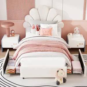 Garvee Twin Size Upholstered Bed Frame with 2 Storage Drawers and Adjustable Velvet Petal Headboard, Soft Velvet Platform Bed with Solid Wood Slats Support, No Box Spring Needed, Easy Assembly, Available in White, Blue, and Pink