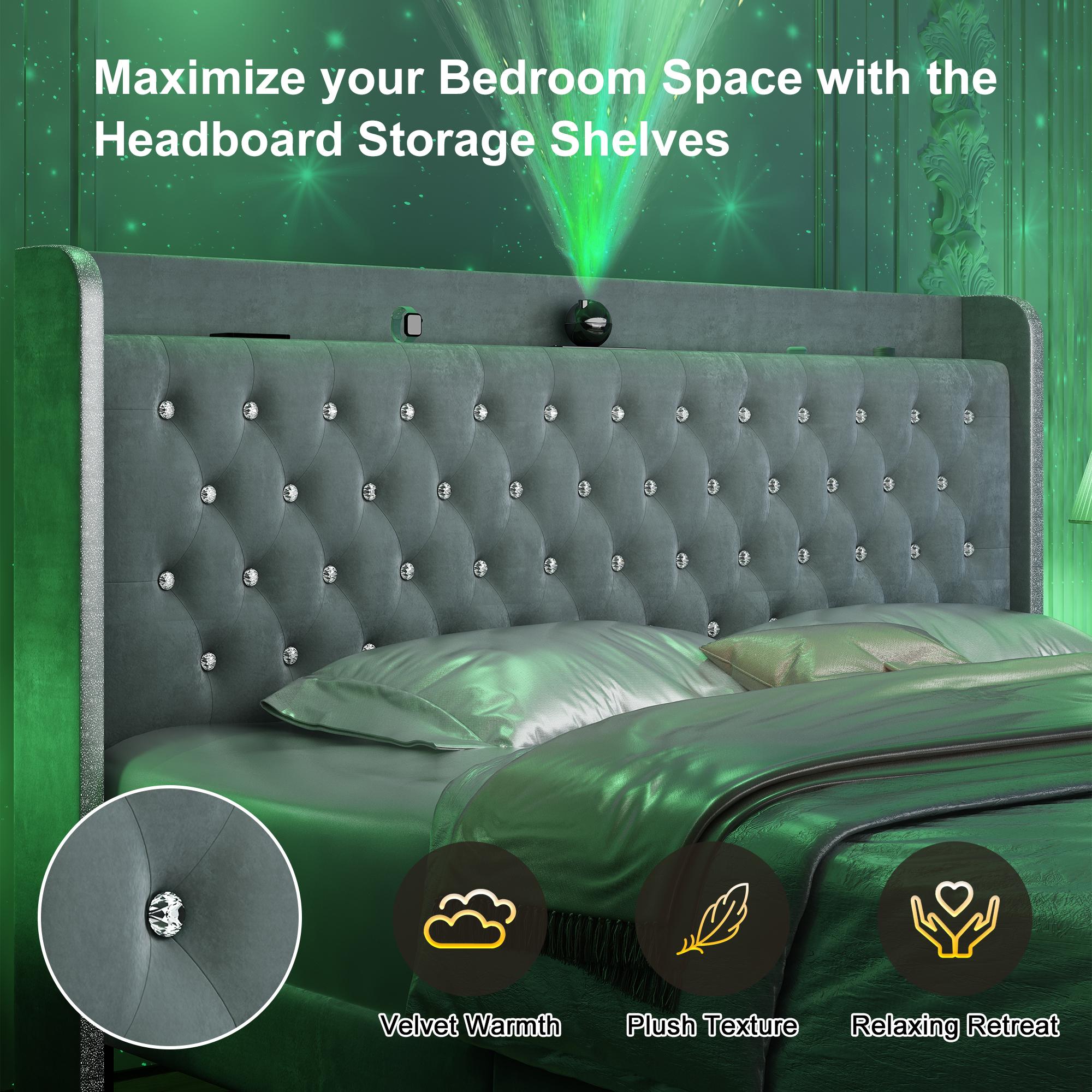 GEGOFORU Queen LED Bed Frame with Galaxy Projector & Bluetooth Speaker, Upholstered Platform Bed with 46” Tall Headboard, USB Charging Station, Storage Drawers & Wood Slat Support,Silent & Noise,Velvet