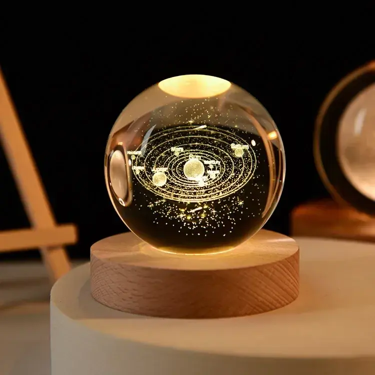 3D Engraved Solar System Crystal Ball Night Light - Dimmable LED Hologram Glass Lamp, Solid Wood Base, USB-Powered, Simple Press Control, for Boys, Saturn-Inspired Home Decor