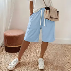 Women’s summer solid-color shorts with elastic waistband and drawstring, mid-thigh length, casual straight-leg athletic shorts, loose fit, comfortable fabric