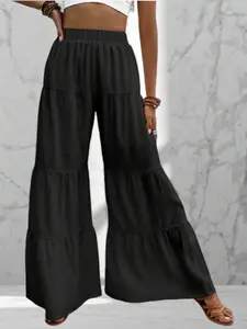 Women's Layered Ruffle Wide Leg Pants, Womenswear Elastic High Waist Lightweight Casual Vacation Summer Pants, Loose Fit All Seasons