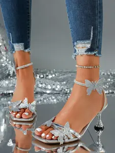 Sparkling Rhinestone Butterfly Sandals, Pointed Toe Low Heel Design, Adjustable Ankle Strap, Elegant Party Shoes for Summer Dates