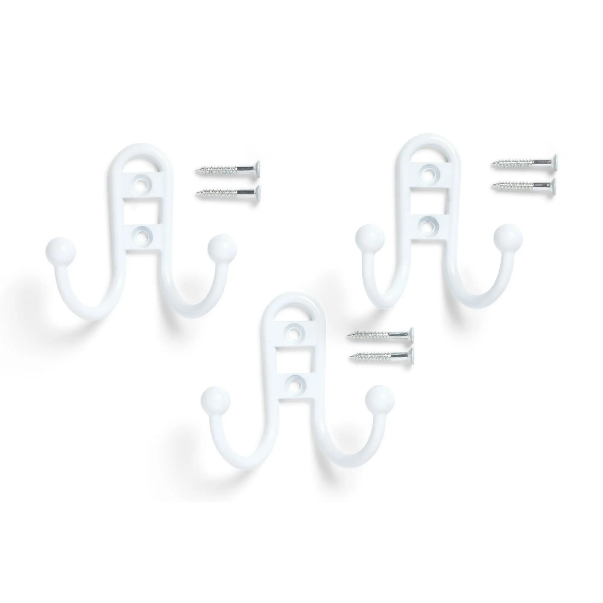 3 Pack Double Hook Metal Coat Hooks, White - Heavy Duty Wall Mount Hooks for Towels, Coats & Jackets - 6 Hooks Total, Holds 10 lb - Modern Hookboard Hardware