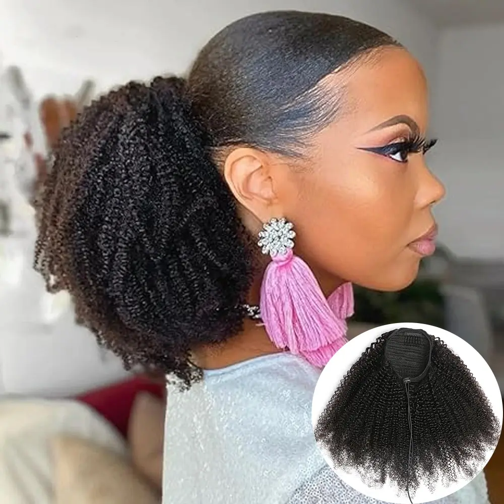 Megeen Hair Afro Kinky Curly Drawstring Ponytail Hair Extensions Indian 100% Remy Human Hair Afro Curly Clip in Human Hair Extensions