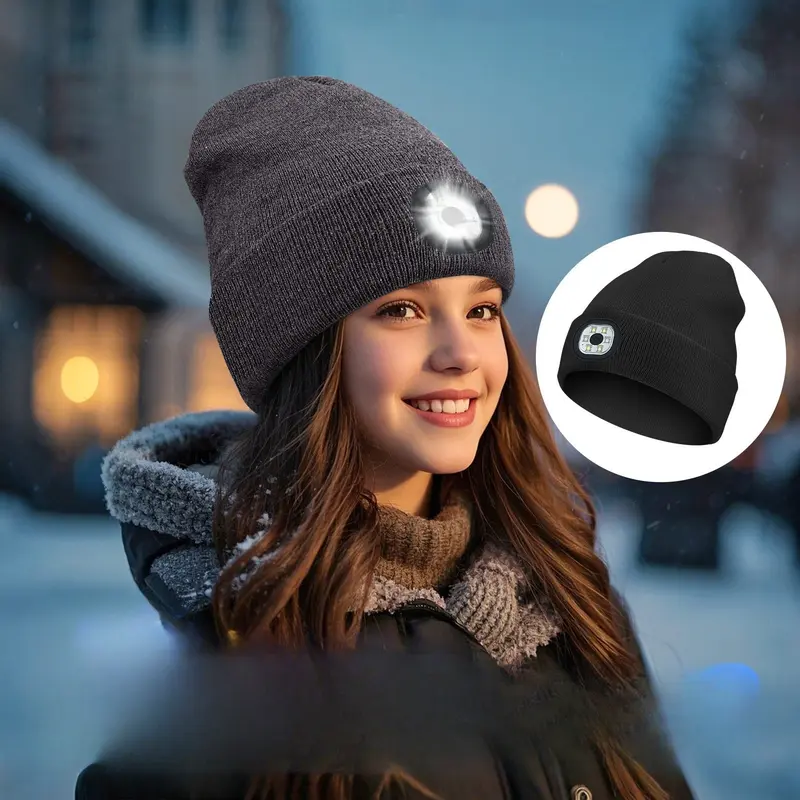 1pc Beanie Hat With Light, Rechargeable Headlamp Cap, Unisex Winter Warm Knitted Hats, Headlight Flashlight For Running Hiking Camping, Tech Gifts For Men Women Handyman Teens