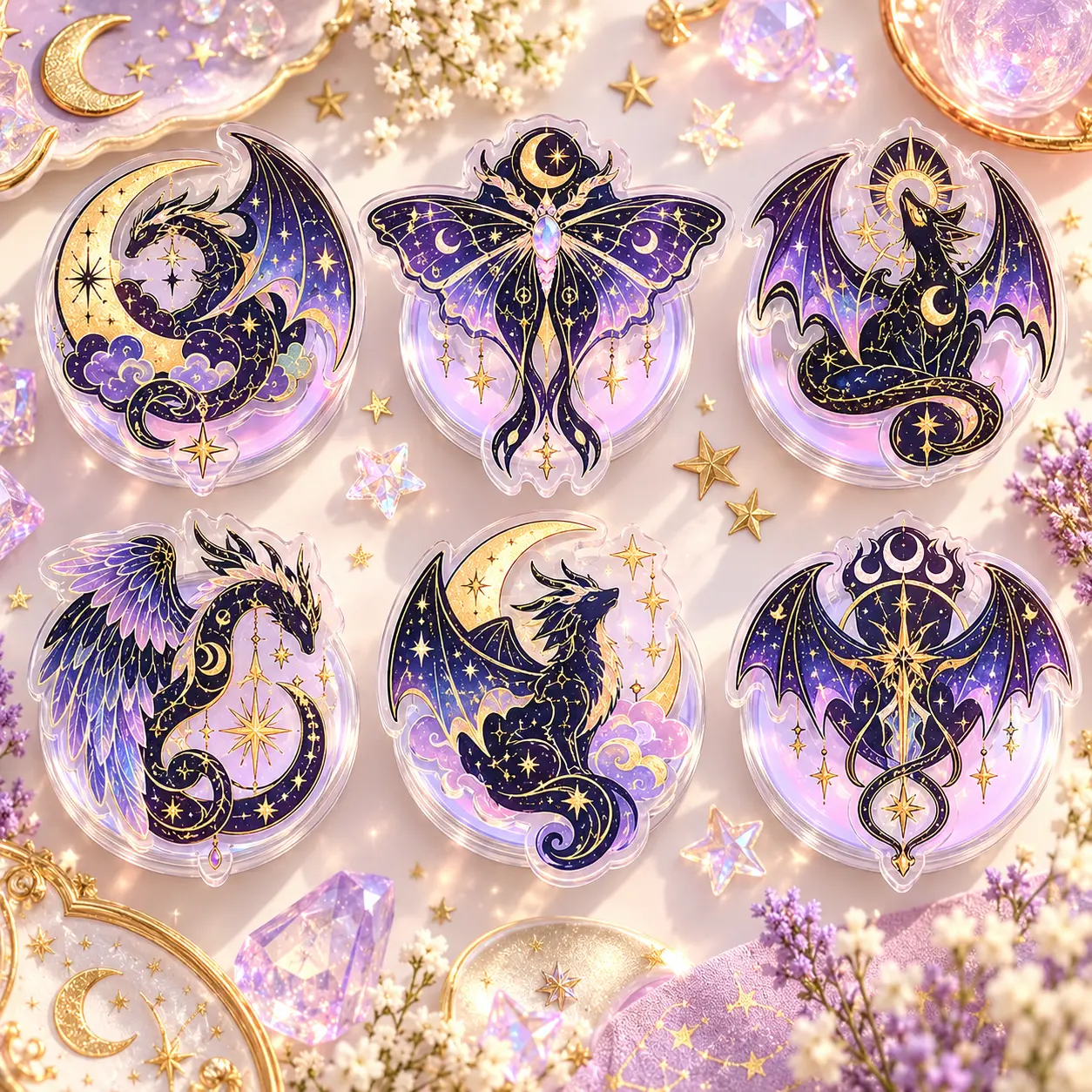 Celestial Dragon Phone Grip, Mystical Galaxy Dragon Acrylic Grip, Moon & Stars Fantasy Phone Holder, Purple Gold Gothic Accessory, Gift for Dragon Lovers