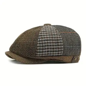 1pc Vintage British Style Blend Duckbill Cap, 100% Acrylic Non-Stretch Woven Street Fashion Hat for Men, Artist Beret Newsboy Cap with Adjustable Strap
