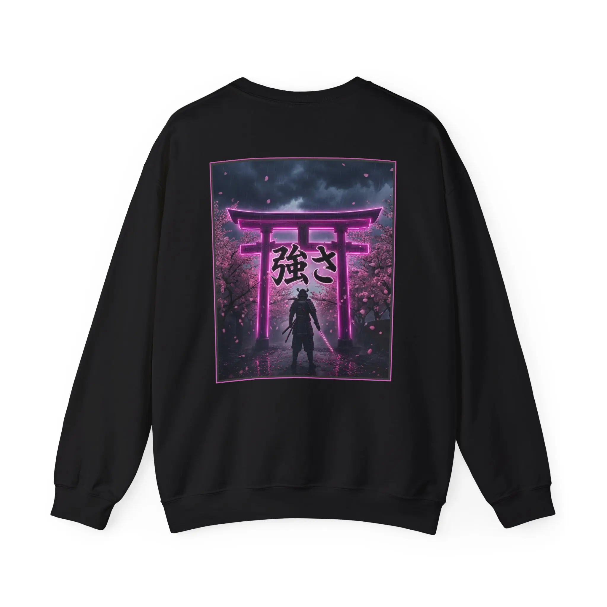 Samurai Strength Kanji Crewneck Sweatshirt | Neon Torii Gate Cherry Blossom Graphic | Japanese Warrior Streetwear | Unisex Oversized Anime Sweater | Bold Gift For Men for Women