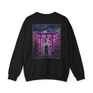 Samurai Strength Kanji Crewneck Sweatshirt | Neon Torii Gate Cherry Blossom Graphic | Japanese Warrior Streetwear | Unisex Oversized Anime Sweater | Bold Gift For Men for Women