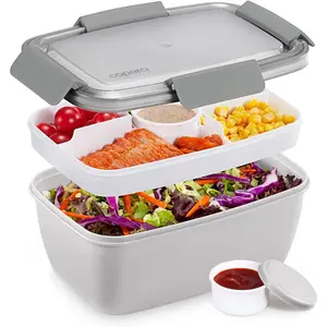 Caperci Large Salad Container for Lunch - Better Adult Bento Lunch Box 68 oz, 5-Compartment Tray, 2pcs 3-oz Sauce Cups, Stackable, BPA-Free (Gray)
