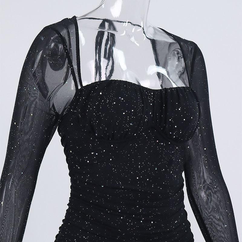Holiday Haul Women's Glitter Contrast Mesh Long Sleeve Ruched Mini Bodycon Dress with Square Neck Lettuce Trim for Party Dinner Elegant Casual Dress black  wednesday  outfit shine  dress Strapless Ruffle Hem Dress plain backless