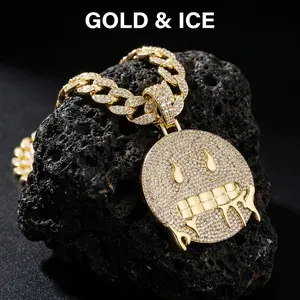 New Trendy Full-Diamond Smiley Face Cuban Link Chain | Bling-Bling Hip-Hop Necklace — Crafted for Rappers and Streetwear Enthusiasts