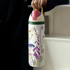 Stainless Steel Vacuum Flask with Bow Pattern Design, Portable Insulated Water Bottle with Straw, Perfect for Home Office School Outdoor Use, Leakproof Insulated Tumbler, Drinkware