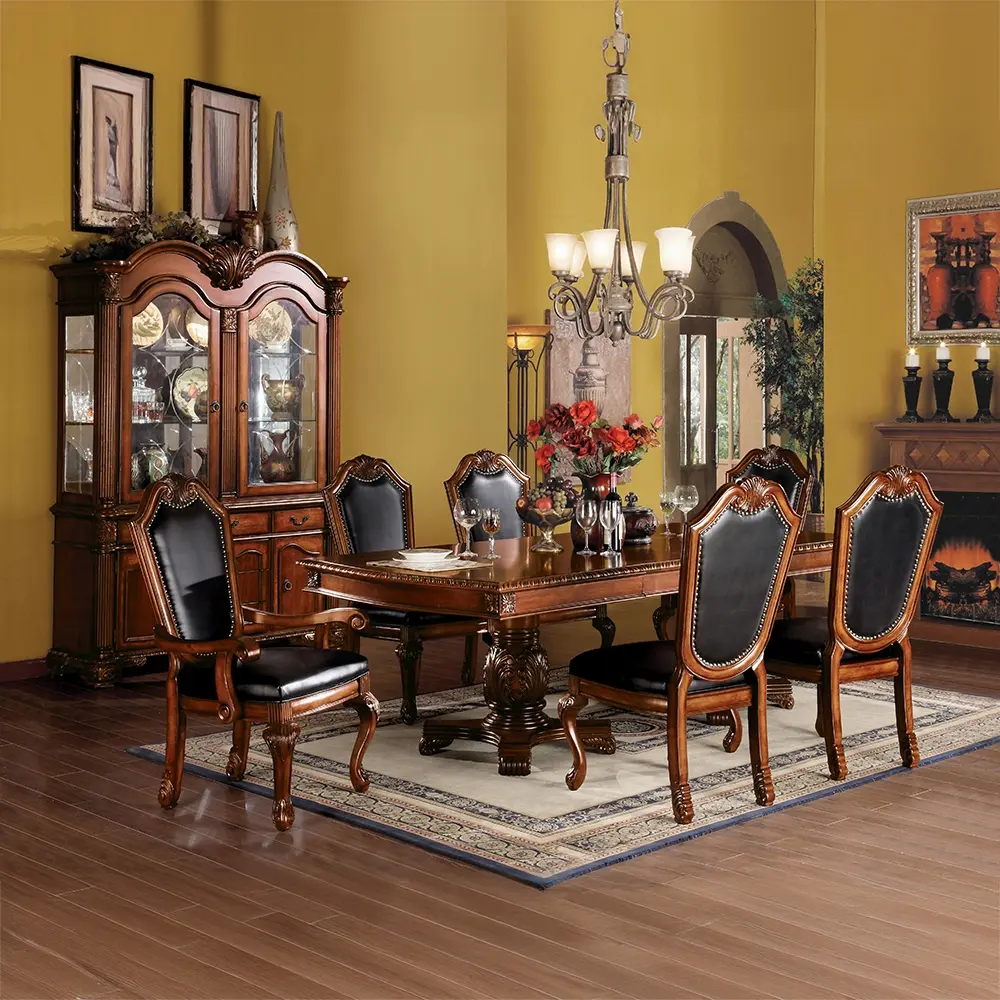 Acme 04075-10038 7-Pc Upholstered Dining Set, Astoria Grand Liu Lam Chateau de Ville Cherry Finish Wood Double Pedestal Table with Chairs, Stable, Assembly Required, Elevate Dining Experience