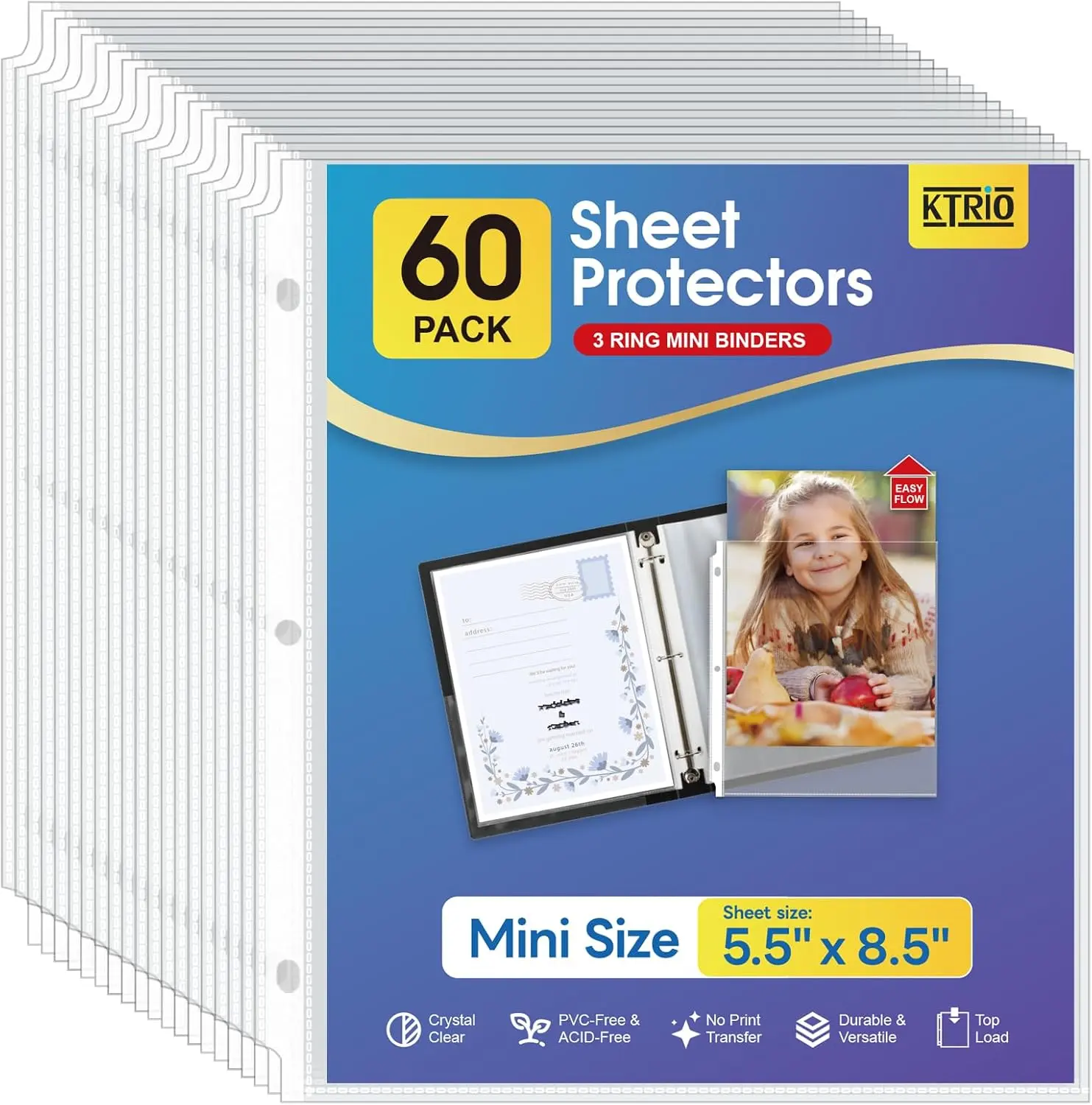 KTRIO Heavyweight Sheet Protectors 5.5 x 8.5 inch, Clear Page Protector for Mini 3 Ring Binder, Plastic Sleeves for Binders, Top Loading Paper Sheets Sleeve Letter Size, Office & Home, 60 Pack