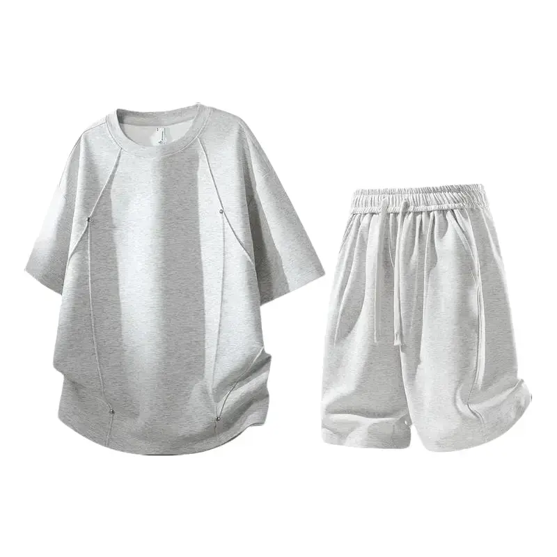 Men's 2 Piece Set, Stylish Casual Summer Outfit with Sequin Studs, Loose Fit Round Neck T-Shirt & Knee-Length Drawstring Shorts Menswear, Clothes, Men's 2 Piece Sets, Top, Sleeves, Outfit Sets