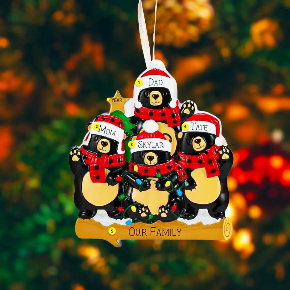 Family of 4 Black Bear Christmas Ornament | Personalized Bear Family Ornament | Custom Names Christmas Tree Decor