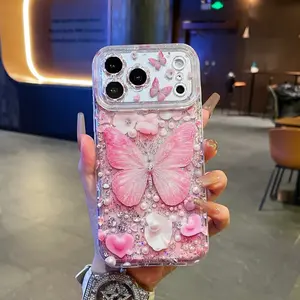 Diamond Flower Butterfly Floral Pattern Phone Case for iPhone 14-17 Pro Max, Elegant Anti-Drop Soft Cover, Unique Creative Design