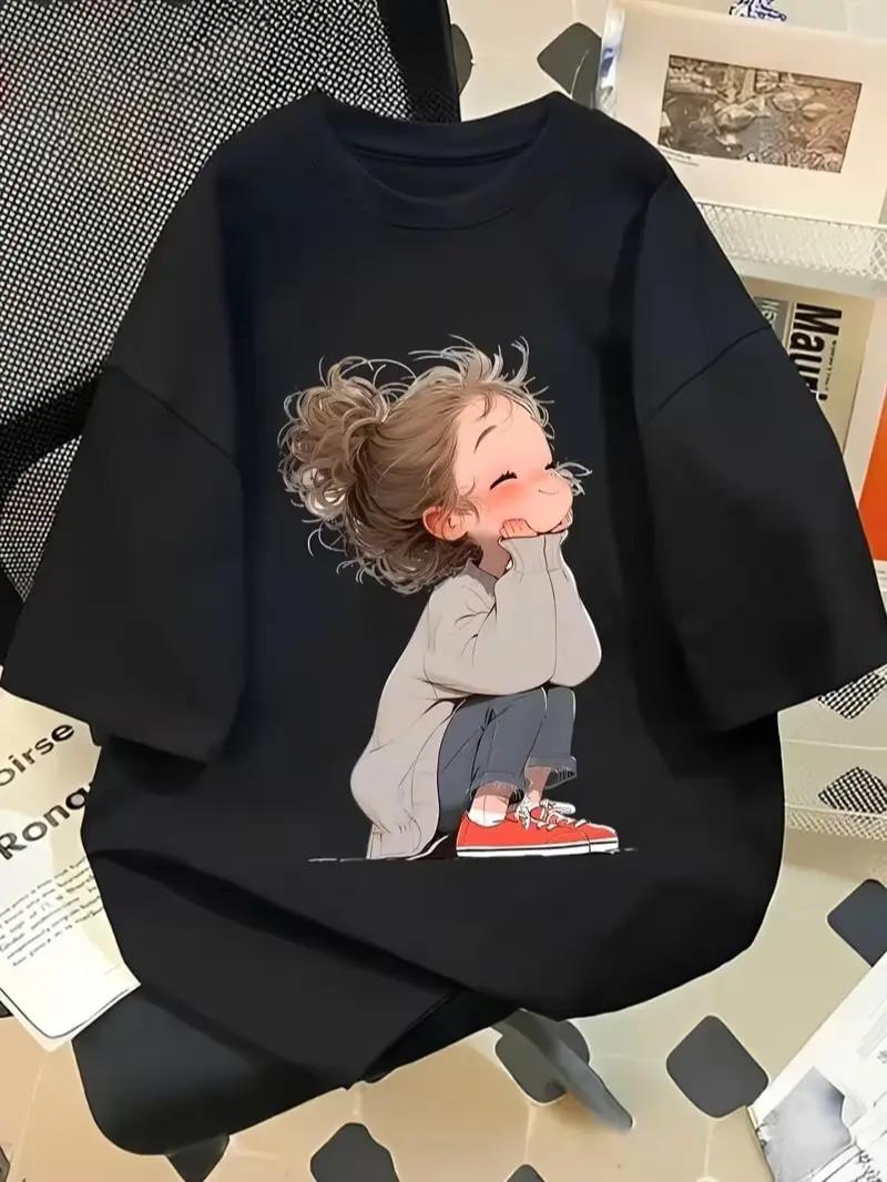 Adorable Squat Messy Bun Blush Girl Cartoon Print Tshirt Cute Soft Art Casual Women Short Sleeve Gift Tee