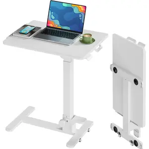 Foldable Mobile Standing Desk, 27 Inch Small Rolling Laptop Cart Height Adjustment, 90? Tiltable Bedside Table, No Assembly Needed Portable Computer Workstation, White