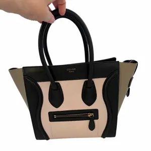 Pre-owned Celine Calfskin Leather Handle Bag Nano Luggage Tote Bag Tri Color Black Beige Light Pink with Front Zip Pocket